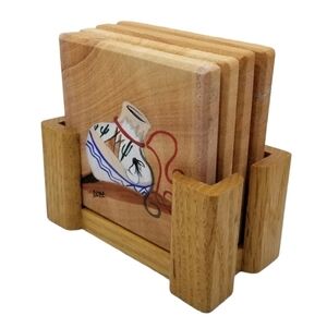 Drink Beverage Coasters Hand Painted Wood Holder Native American Southwest Set 4